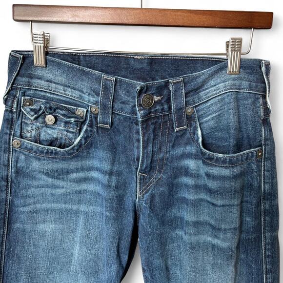 True Religion Straight Leg Jeans Distressed Medium Wash Embroidered Logo Sz 30 - Picture 5 of 8